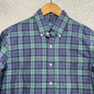 Ralph Lauren Shirt Men's Medium Green Blue Tartan Plaid Check Pony Slim Preppy